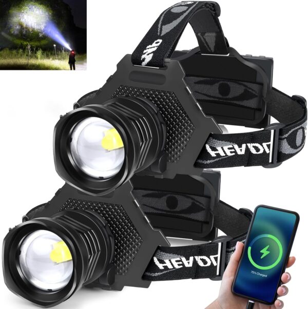 Aikertec Rechargeable LED Headlamp 100000 Lumen, Super Bright Head Lamp Flashlight with 5 Lighting Modes, IPX6 Waterproof, Zoomable Headlamp for Camping, Hiking, Fishing, Biking, Running (2 Pack)